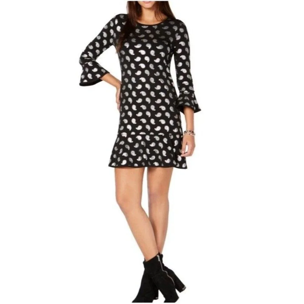 MICHAEL KORS Black/Silver Foil Paisley Flounce Shift Dress Bell Sleeves Size S